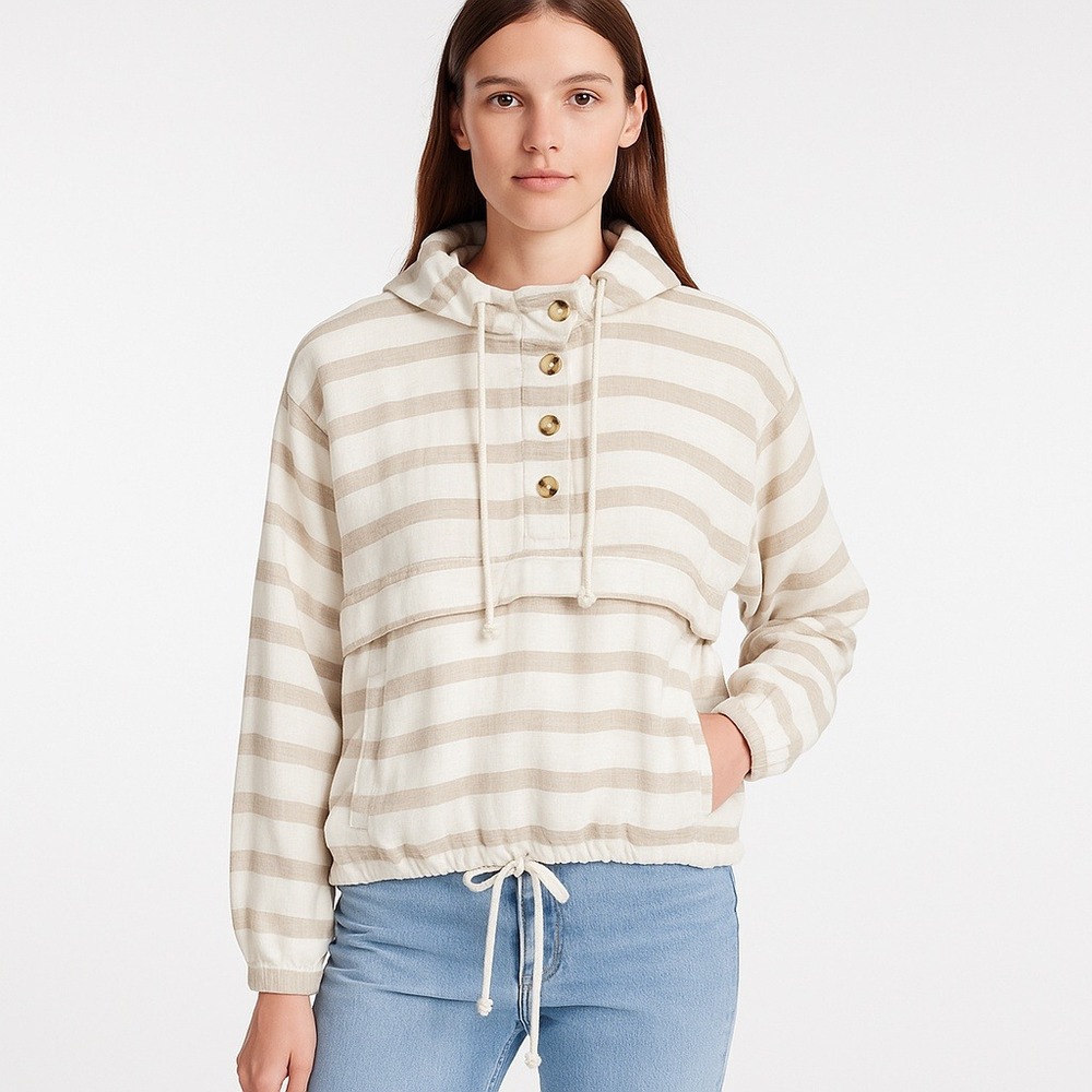 Thread & Supply Pullover Hoodie Medium Striped Linen Blend Tan White Coastal